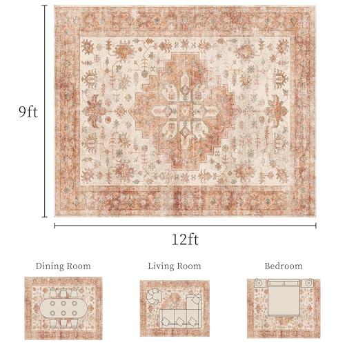 Vintage 9x12 Washable Area Rug, Low-Profile Large Area Rug with Non-Slip Backing & Durable Edge Binding, Pet-Friendly Carpet, Large Rug for Living Room, Bedroom & Dinning Room
