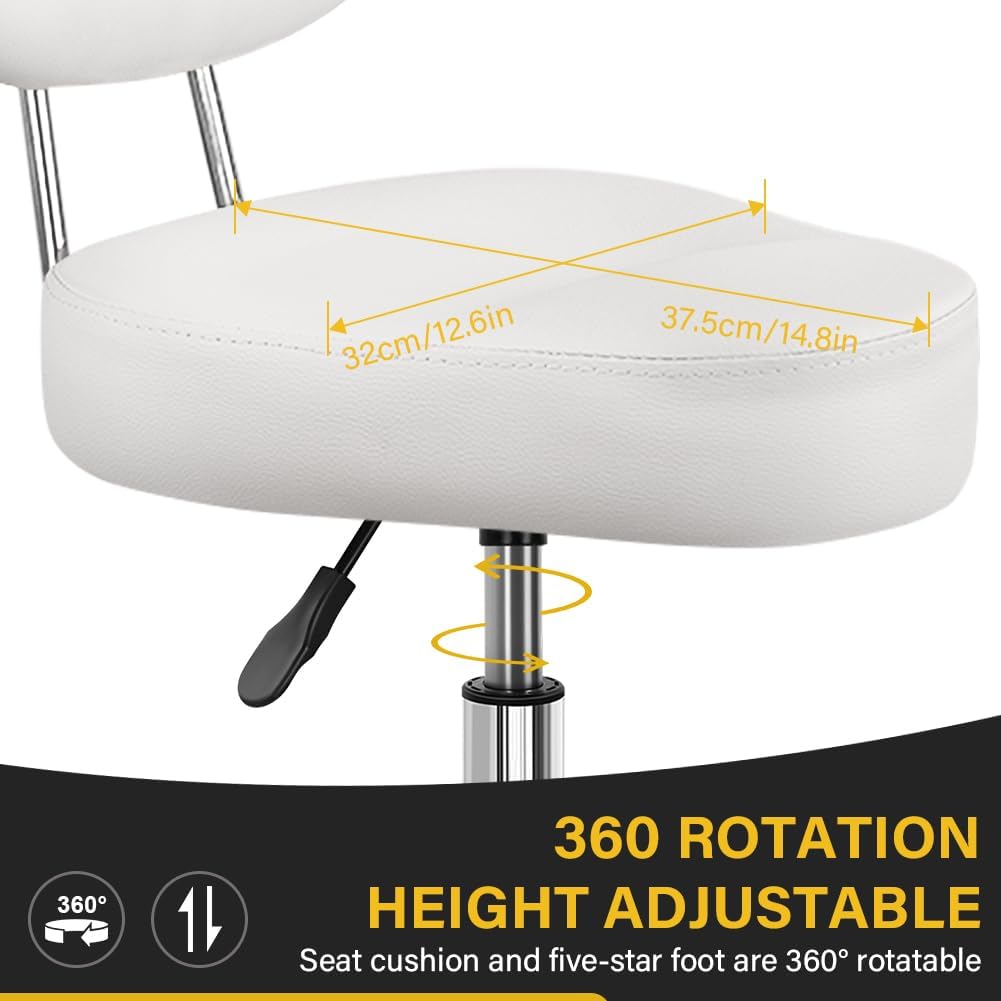 WKWKER Saddle Stool with Back Adjustable Drafting Chair Swivel Rolling Stool with Backrest PU Leather Saddle Chair for Office Lab Drafting Counter Salon Barber Shop Kitchen Front Desk (White)