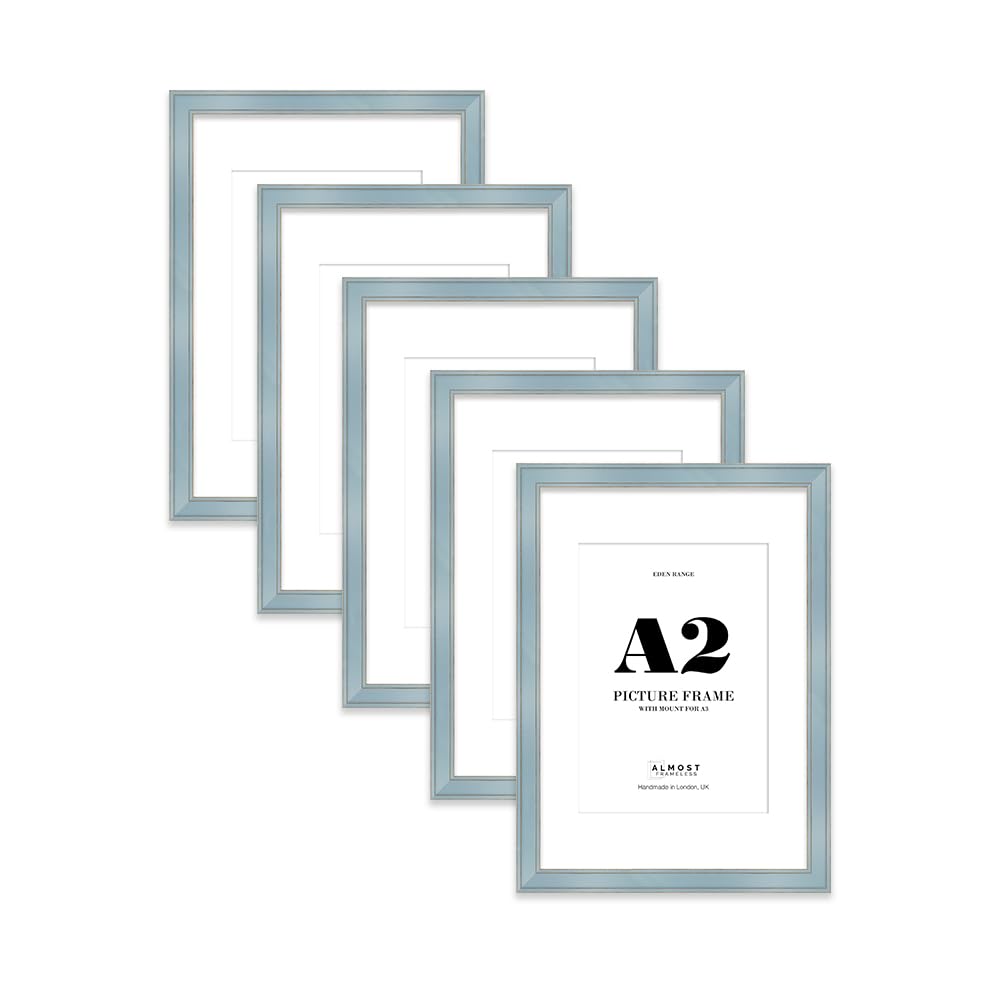 A2 Cornflower Blue Picture Frame with A3 Mount - Shabby Chic Photo Frame with Distressed Finish, Gold Trim, Wall Hooks, 37mm Edge - 5 Pack