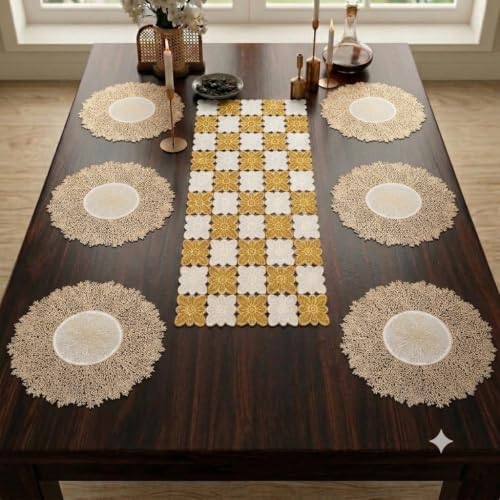 Image of Dakshya Industries Dining Table Mats Round PVC Set | 6 Waterproof Placemats (38 x 38 cm) + 1 Table Runner (91 x 33 cm) | Heat Resistant, Kitchen Decor (Aestora)