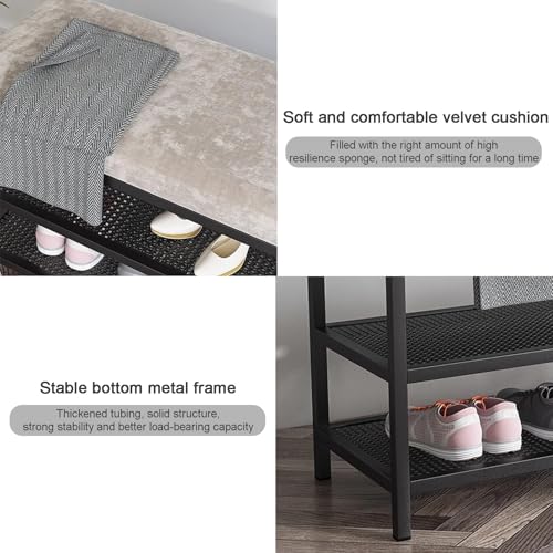 Banc à chaussures en velours gris avec rangement et structure métal noir - 8