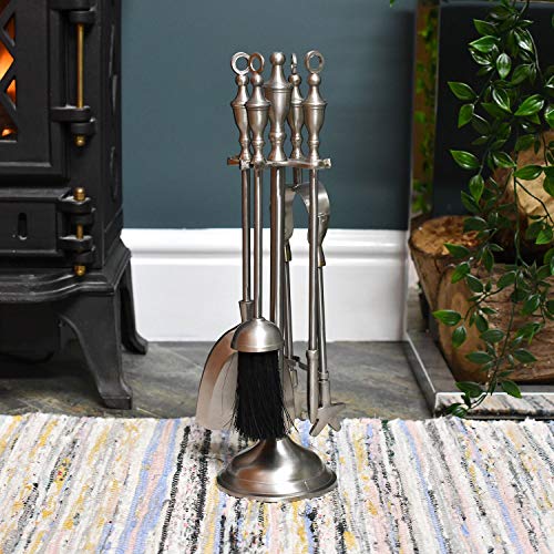 Lux Pewter Finish Traditional Fireplace Accessories Companion Set - Fireside Tools with Poker Tongs Brush - Elegant and Functional Fireside Companion Set for Fire Log Burner