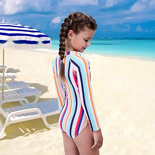 Image of Girls Long Sleeve Rash Guard One Piece Swimsuit Kids UPF 50+ Sun Protection Swimwear Rainbow Striped Bathing Suit 3-14 Years