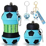 JhavexToy Botella de Agua Plegable de Silicona,Football Water Bottle Botella Agua Silicona Diseño Fútbol 550 ml,Sin BPA,Plegable, A Prueba de Fugas,Azul Claro,Para Niños y Niñas con Llavero de Fútbol
