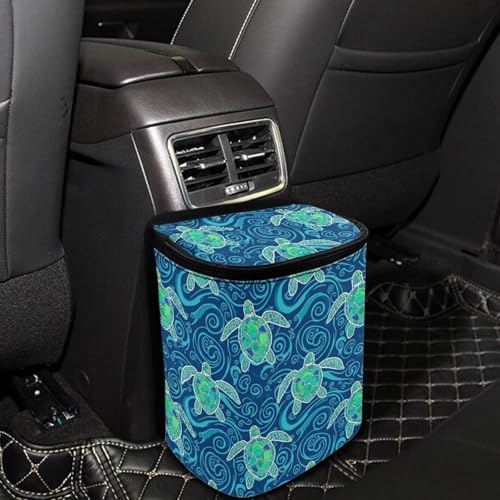 Image of Talayituse Teal Turtle Water Print Car Trash Bin, Large Size Auto Trash Can Adjustable Portable Garbage Can with Lid, Vehicle Hanging Bag for Headrest Front Back Seat