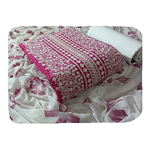 Roops Women Designer Pure Cotton Unstitched Dress Material Salwar Suit with Printed Chiffon Dupatta & Embroidery Work (Free Size)