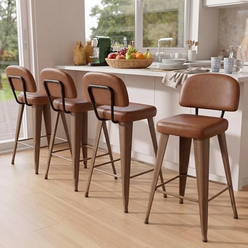 Image of Yongchuang 26 inch Bar Stools Set of 4 PU Leather Counter Height Stools with Back Metal Legs Upholstered Modern Kitchen Island Bar Chairs Walnut Brown