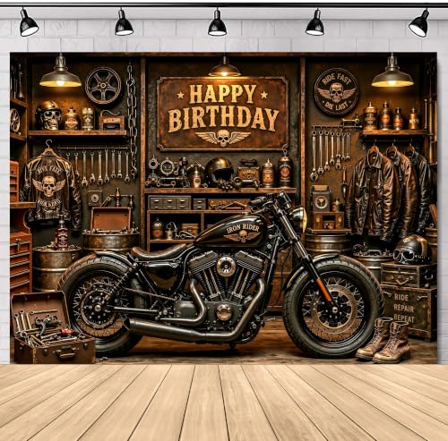 Garage Motorcycle Birthday Backdrop 7Wx5H Retro Boys Kids Party Decorations