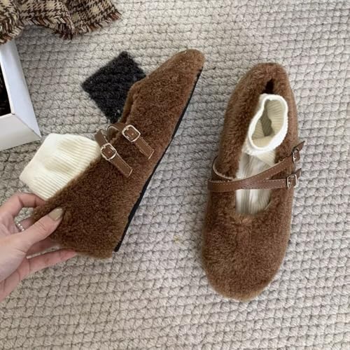 WENJIAZHIZHI Women's Warm Fur Lined Mary Jane Shoes Ankle Buckle Thick Memory Insole Comforable Dressy Flats Shoes2