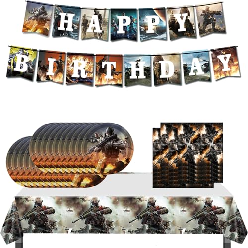 Gaming Call Party Birthday Supplies Duty Theme Party Tableware with Happy Birthday Banner tablecloth Disposable 7 Paper Plates with Napkins for Fans Party Favors Decorations