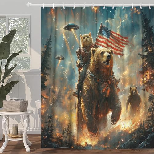 Image of Funny Bear Shower Curtain for Boys Kids, Cool Cat Riding Bear on Rustic Cabin Forest Woodland Hilarious Shower Curtains, Funky Anime UFO Spaceship Animal Bath Curtain Fabric 12PCS Hooks, 70X75IN