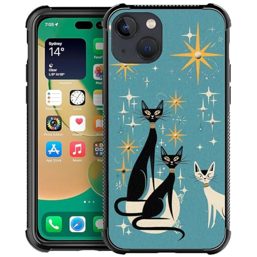 NONMY Phone Case Compatible with iPhone 13 - Wireless Charging Compatible,S Mid Century Cat TPU Bumper and Hard PC Pattern Back Case