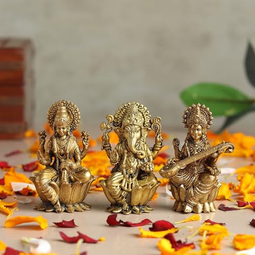 Image of Habere India-All the Cultures Fabricating India Brass Lakshmi Ganesh Saraswati Idol Set for Pooja Room | Pure Brass Lakshmi Ganesh Saraswati Murti for Home (Design07: L3 x W2 x H5 cm)