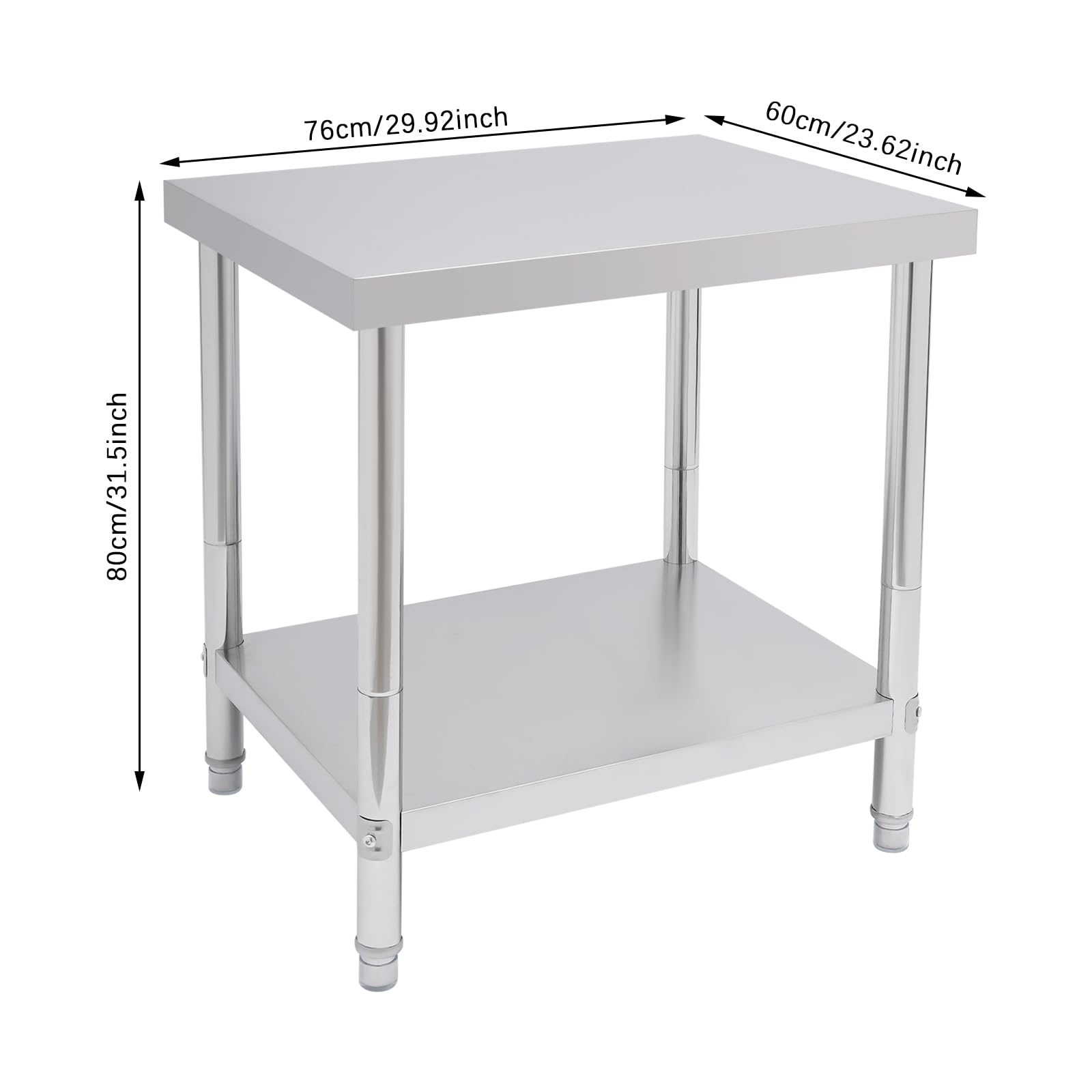 Tavolo da lavoro in acciaio inox, a 2 livelli, in acciaio inox, 76 x 60 x 80 cm, con tappetino regolabile, per cucina, ristorante, panetteria