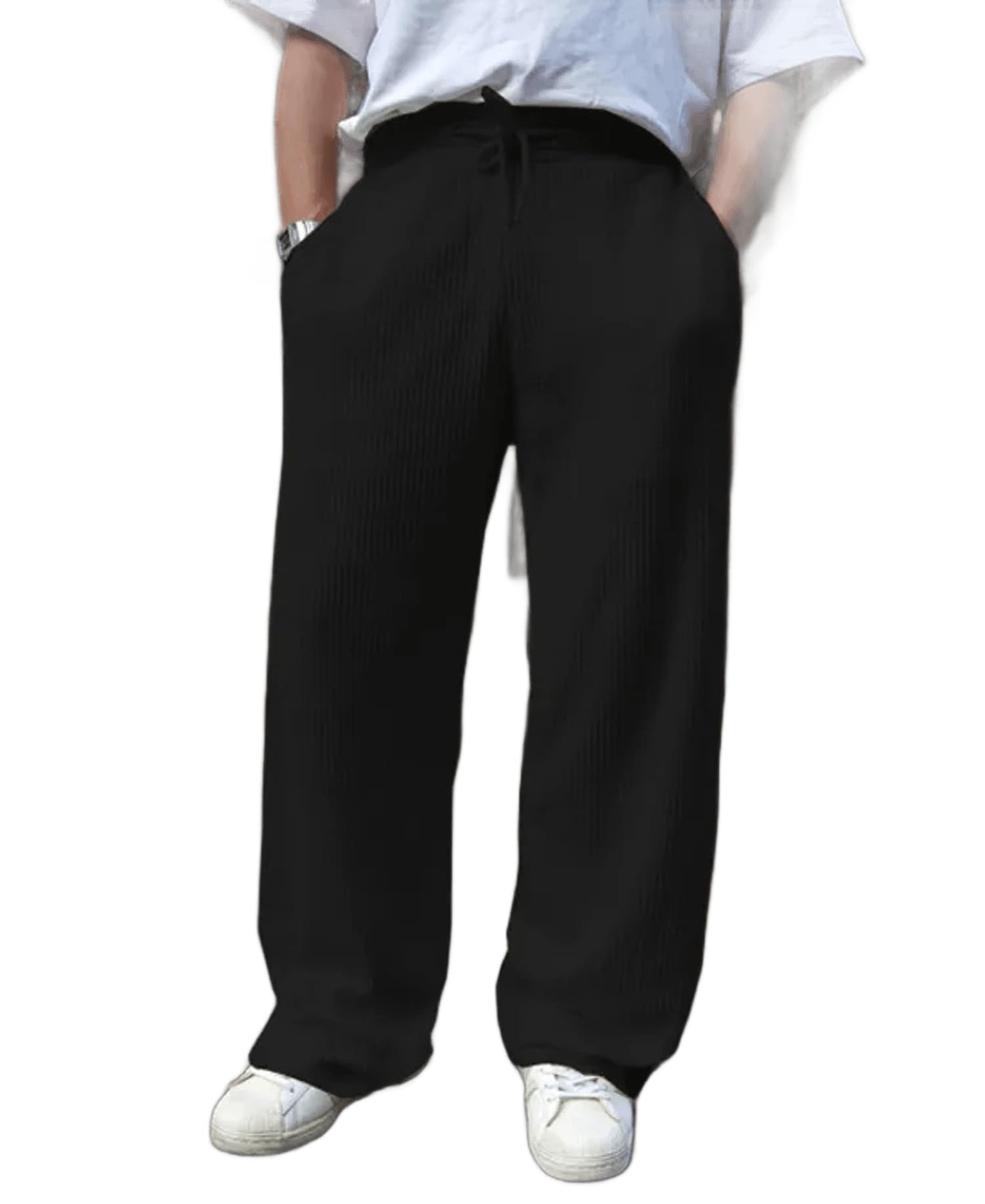 Black Waffle Knitted Fabric Baggy Track Pants For Men-picture-37