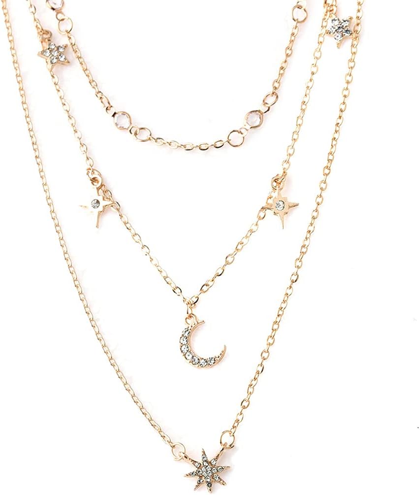 Layered Stars and Moon Choker Necklaces Gold Fashion Crescent Crystal Pendant Necklace Chain Adjustable Jewelry for Women - Image 4