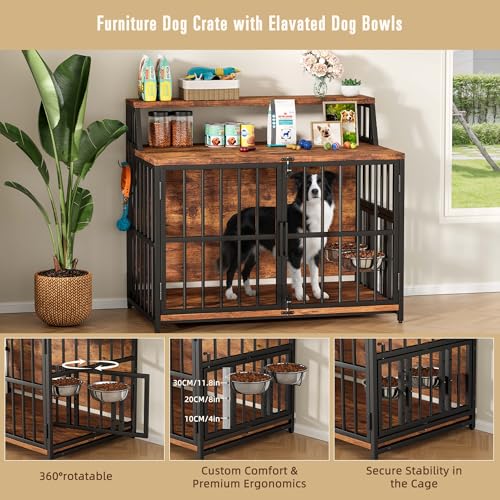 Dog Crate Furniture, LitaiL Wooden Dog Crate with Storage, 40” Large Furniture Dog Kennel with 2 Stainless Steel Bowls, Heavy Duty Decorative Dog Kennel Indoor, Rustic Brown - Image 4