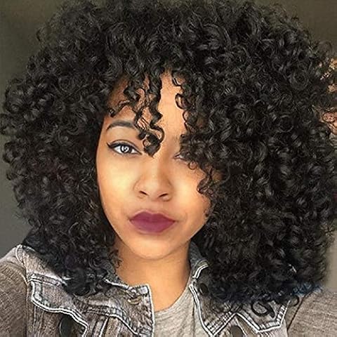 YEAME Curly Wigs for Black Women - Afro Curly Wig with Bangs Natural Black Hair Synthetic Heat Resistant Full Wigs with 1 Wig Comb and 4pcs Wig Caps Cover