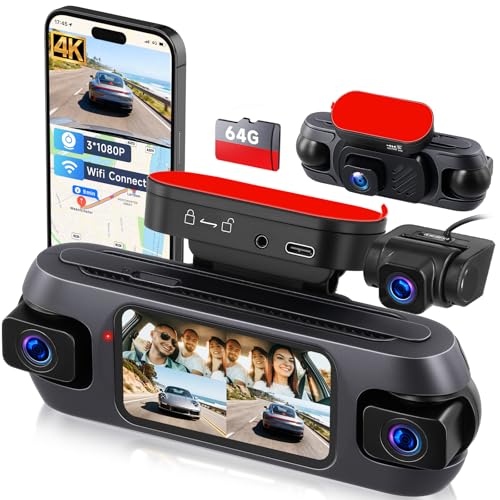 Dash Cam 4K Anteriore E Posteriore Con Wi-Fi, Visione Notturna, G-Sensor E Scheda SD 64GB Inclusa – Telecamera Da Cruscotto Con Registrazione In Loop E Monitor Parcheggio