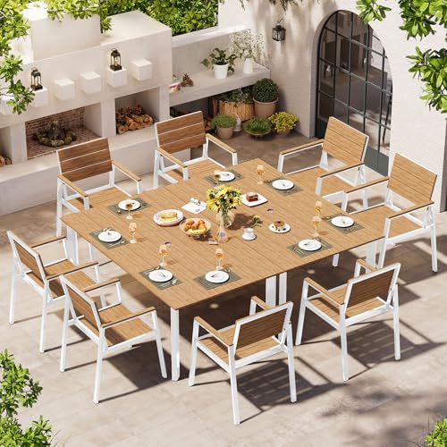 Image of Outdoor Dining Set for 8, Patio Table and Chairs Set with Umbrella Hole, 10 Pieces HDPS + Aluminum Outdoor Furniture Sets for Patio, Garden (White & Teak)