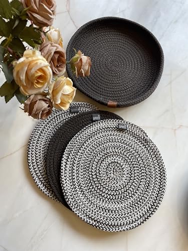 Image of Retro Polypropylene 3 Pc Round Trivet with Basket Holder | Braided Pot MAT, Side Table Mat, Machine Washable Small Place Mat for Casserole for Dining Table (9 inch Dia)