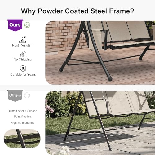 Image of PURPLE LEAF Porch Swing with Adjustable Tilt Canopy 3-Seat Patio Swing with Stand and Metal Steel Frame All-Weather Outdoor Swing Chair Seat for Backyard Garden Deck Balcony (Silver Grey)