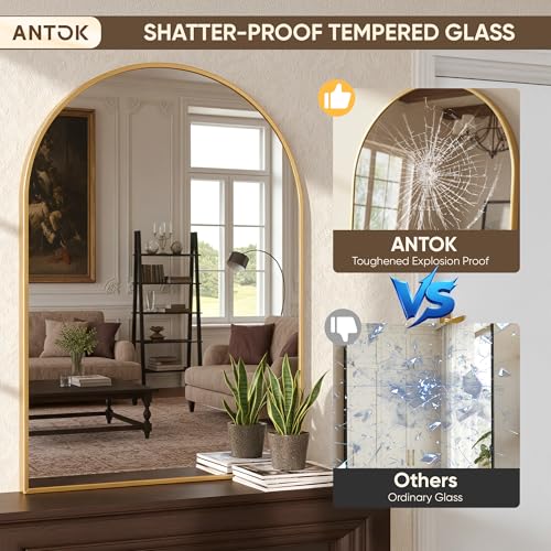 Image of Antok Arched Bathroom Mirror, 30 inchx40 inch Wall Mounted Mirror, Vanity Mirrors for Over Sink, Aluminum Alloy Frame Bathroom Mirrors Living Room, Bedroom and Entryway, Gold