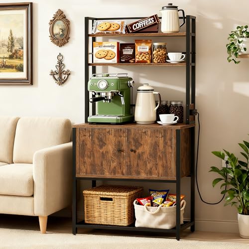 Image of Cakhdry Kitchen Bakers Rack with Power Outlet, 5 Tiers Coffee Bar Table with Storage Cabinet, Microwave Oven Stand Kitchen Storage Shelf Rack for Spices, Pots and Pans (Rustic Brown)
