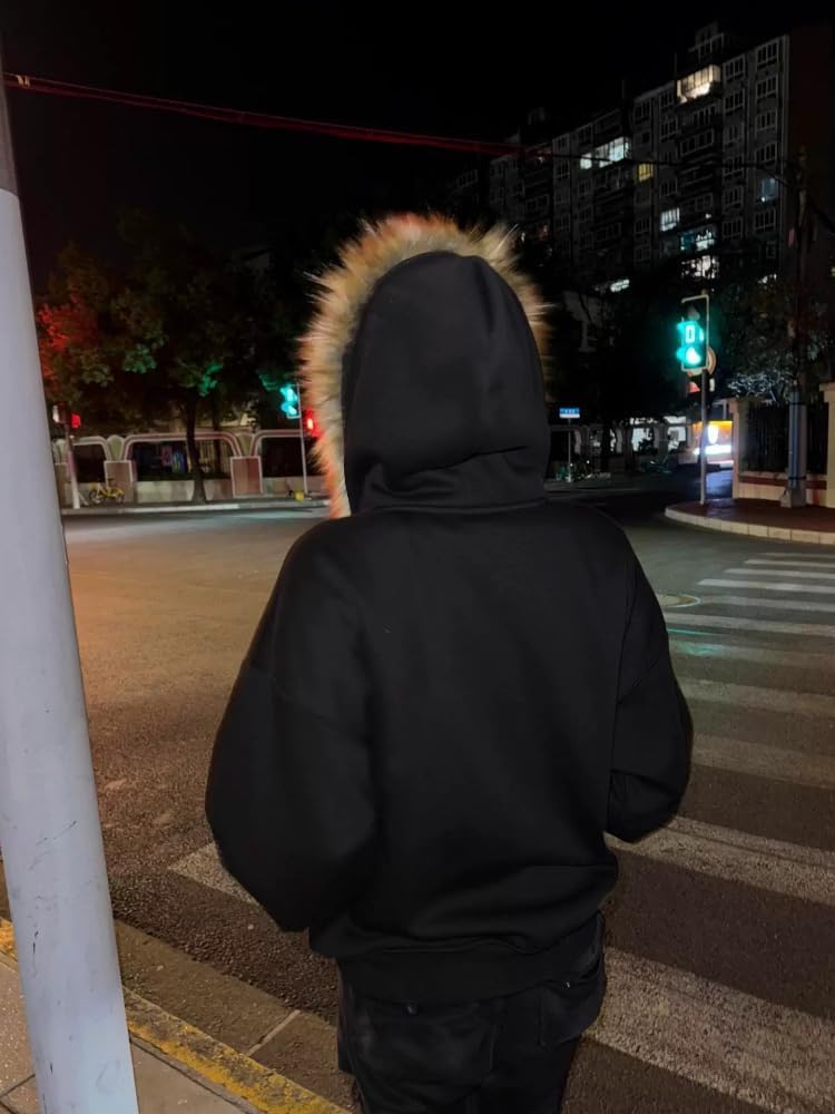 Fur Hood Jacket Men Hoodie Zip Up Y2k Zip Up Hoodie Y2k Hooded Jacket Warm Winter Coat for Men with Hood Fur Collar - Image 6