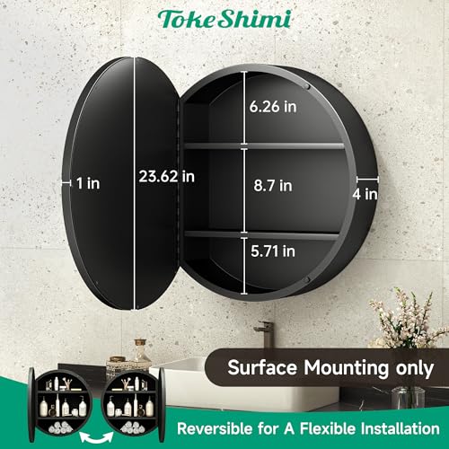 Image of TokeShimi 24 x 24 Round Medicine Cabinet with Mirror, Black Medicine Cabinet, Circle Bathroom Mirror with Storage, Shatterproof with Metal Frame, Detachable Shelves, Wall Mounted Only