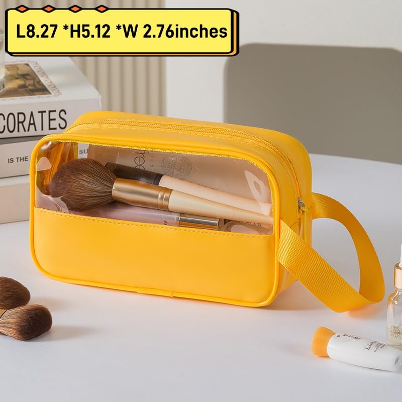 XTTIUN Toiletry Bag for Women Clear PVC & PU Splicing Waterproof Makeup Cosmetic Bag, Portable Travel Organizer for Vacation, Bathroom, Airplane - Yellow