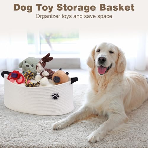 Image of Optish Dog Toy Basket, 30L Toy Box and Bin for Dog Cat Storage, 19.7 inch X 11 inch X 7.9 inch Large Woven Rope Basket for Blankets, Living Room, Bedroom, White