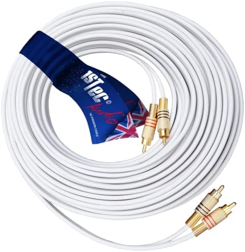 1STec 5m Long White Colour Professional Studio DJ Grade 2 RCA Phono Male Plug to Stereo Audio Lead with 99% OFC Screened Copper Cable Metal Connectors for Mixing Desk TV DVD to Amplifier (5 Metre)