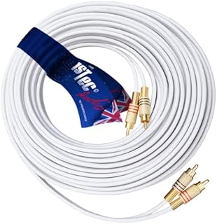 1STec 5m Long White Colour Professional Studio DJ Grade 2 RCA Phono Male Plug to Stereo Audio Lead with 99% OFC Screened Copper Cable Metal Connectors for Mixing Desk TV DVD to Amplifier (5 Metre)