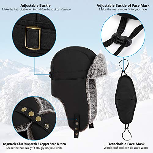 Unigear Winter Bomber Hats, Faux Fur Warme Hats Windproof Trooper Trapper Hat Aviator Caps with Ear Flap and Windproof Mask for Skating, Skiing, Hunting or Daily Use Black