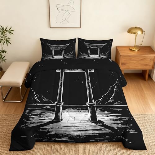 ZDABAOEC Japanese King Size Comforter Set 3 Piece, 2 Pillow Shams, Oriental Asian Japan Torii Gate Reversible Down Alternative All Season Bedding, Soft Microfiber, Japanese Bedroom Decor