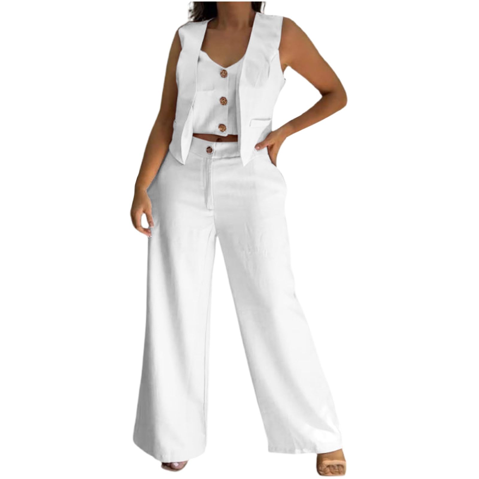 Women Suit Tank Tops Dress Pants 2PC Set Fashion Solid Button Sleeveless Crop Cardigan Vest Blazer Trouser Outfits