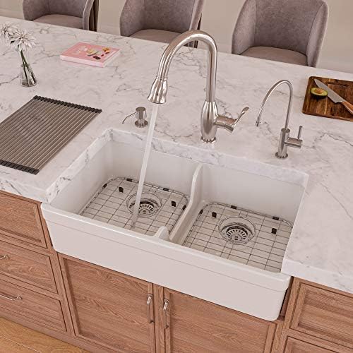 ALFI brand AB5123 32-Inch Short Wall Double Bowl Fireclay Farmhouse Kitchen Sink with 1 3/4-Inch Lip, White