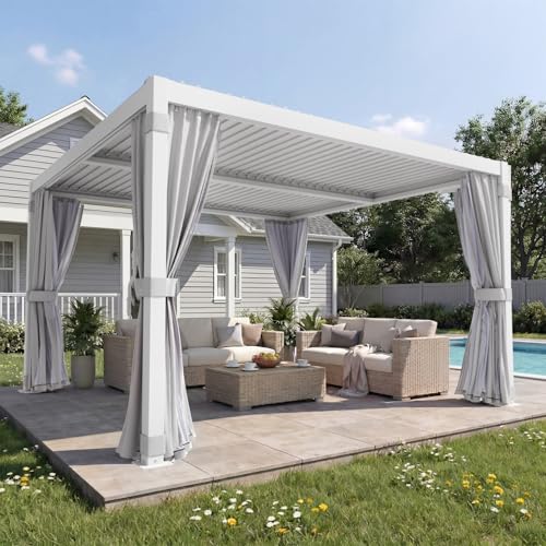 MELLCOM Louvered Pergola 12x12, Steel Aluminum Pergola with Adjustable Louvered Roofs, Outdoor Gazebo with Waterproof Curtains and Nets, White
