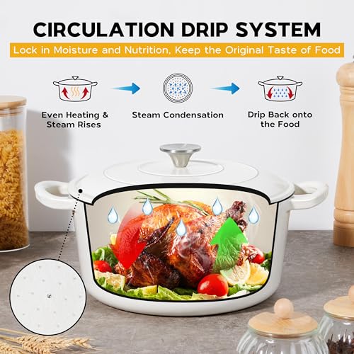 Onader 6 Quart Dutch Oven Pot with Lid, Enameled Cast Iron Round Dutch Oven for Sourdough Bread Baking - White