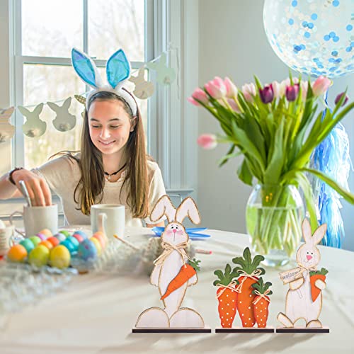 Rosecraft Easter Decorations, 3Pcs Rustic Wooden Bunny/Carrot Table Sign Decor For The Tabletop Centerpiece Rabbit Crafts Gift, For The Home Office Desk Birthday Party Supplies Spring Decorations. #TOP4