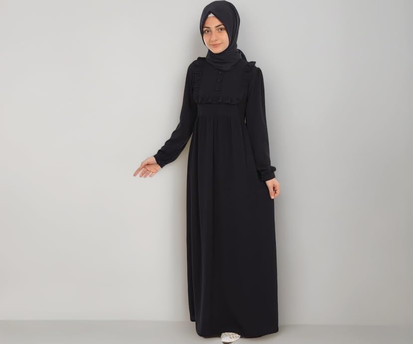Muslim Closet๏ฟฝ Abaya for Young Girls Age Below 14 Years | Kids Abaya with Ruffled Design over chest | Baby Girl Burqa Design (MC-KRFL001)