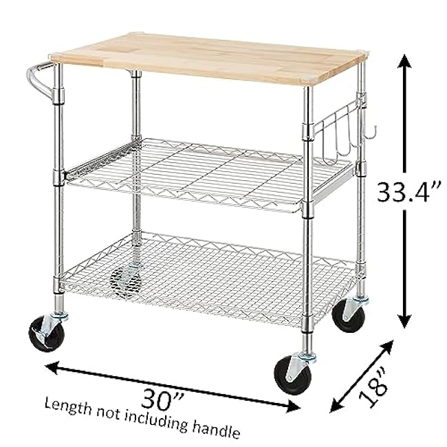Finnhomy 3-Tier Rolling Kitchen Cart With 18 D x 30 W Oak Wood Tabletop, Kitchen Island With 4 Wheels and Slider Shelf, Microwave & Coffee Cart With Hooks for Dining Room, Chrome-TDQA0CGE