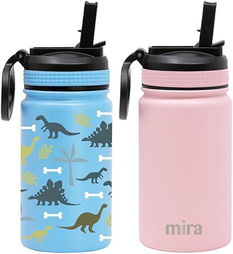 MIRA - Paquete de 2 botellas de agua de acero inoxidable de 12 onzas con tapa con pajilla, termo de metal que se mantiene frío durante 24 horas, el
