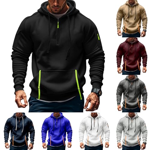 ADHOWBEW Mens Hoodies Workout Big and Tall 1/4 Zip Up Solid Drawstring Long Sleeve Sweatshirt with Cargo Pockets