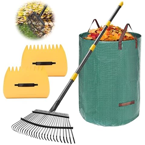 Rake, Garden Leaf Rake Set, 78 Inch Long 18 Inch Wide Heavy Duty Leaf Rake with 25 Metal Tines, 32 Gallon Leaf Bags, Leaf Scoops, Yard Garden Thatching Rake for Leaves with Adjustable Handle Cover