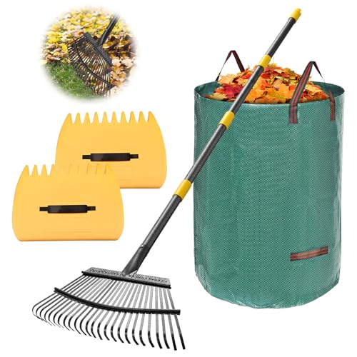 Large Metal Leaf Rake Set with 32-Gallon Bags and Scoops