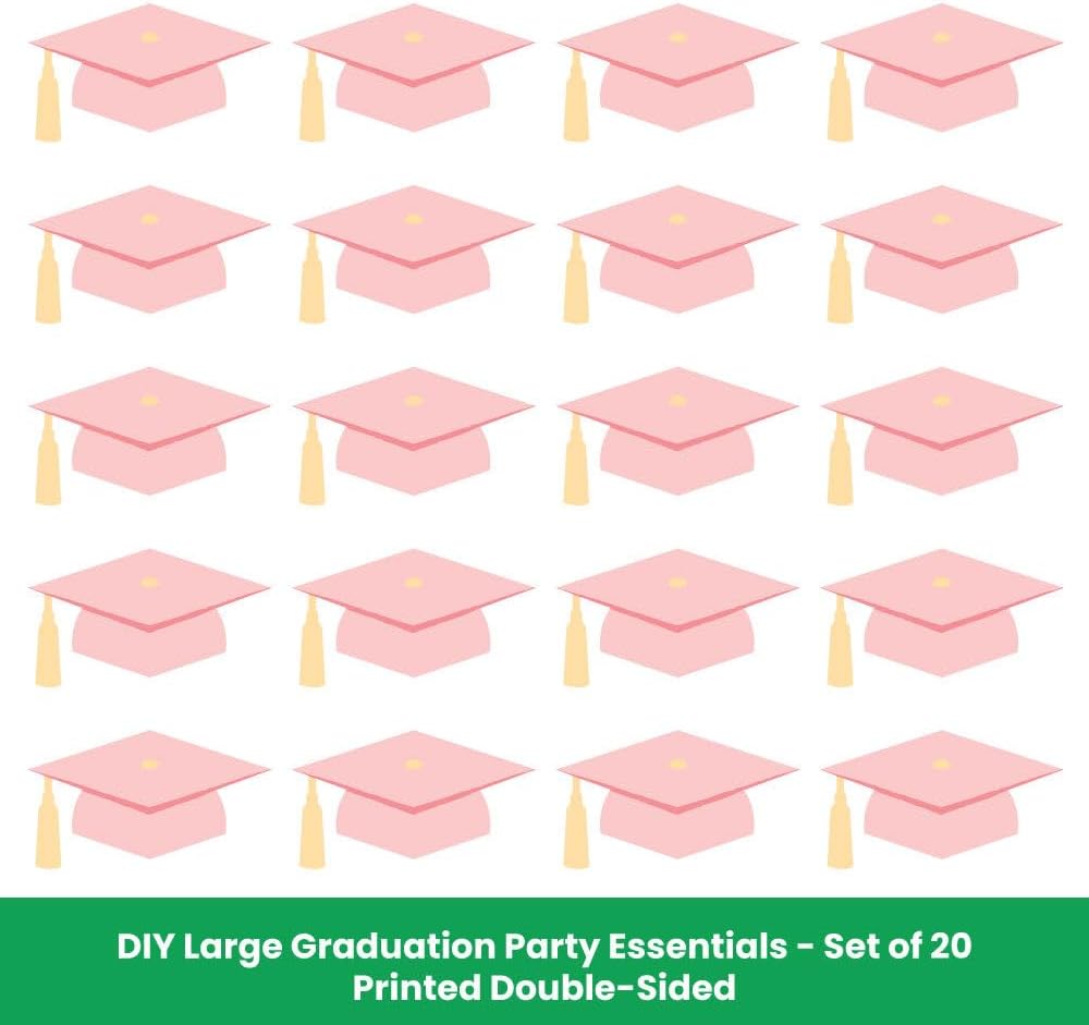 Big Dot of Happiness Pink Graduation Cap Decorations, DIY Large Grad Hat Cut-Outs, Double-Sided Rose Gold Grad Party Essentials - Set of 20