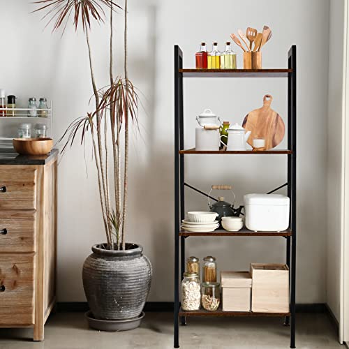 Ecomex 4-Tier Ladder Shelf Industrial Bookshelf, Ladder Bookshelf Open Storage Rack Wood Ladder Shelf With Metal Frame, Freestanding Storage Shelves For Home Office, Bedroom (Rustic Brown) #TOP7