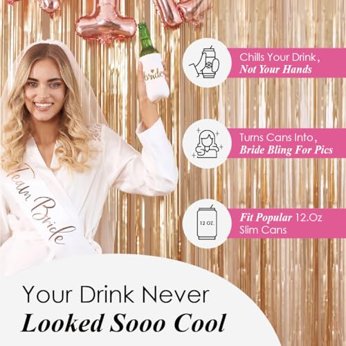 Image of PartyGifts&Beyond Bridesmaid Gifts Can Cooler 10Packs Bachelorette Party Decorations Slim Can Cooler Bride Squad Can Sleeves(Neon Pink)